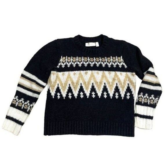 RD Style Women's Small Fair Isle Knit Wool Sweater Nordic Black Cream Geometric - Picture 1 of 4